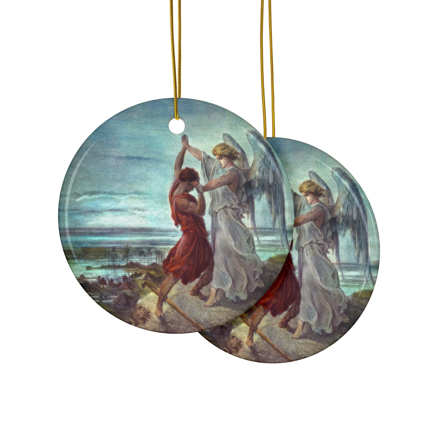 Gustave Dore Wrestling with the Angel, 2-Sided Ceramic Ornament, 3 Inch Diameter