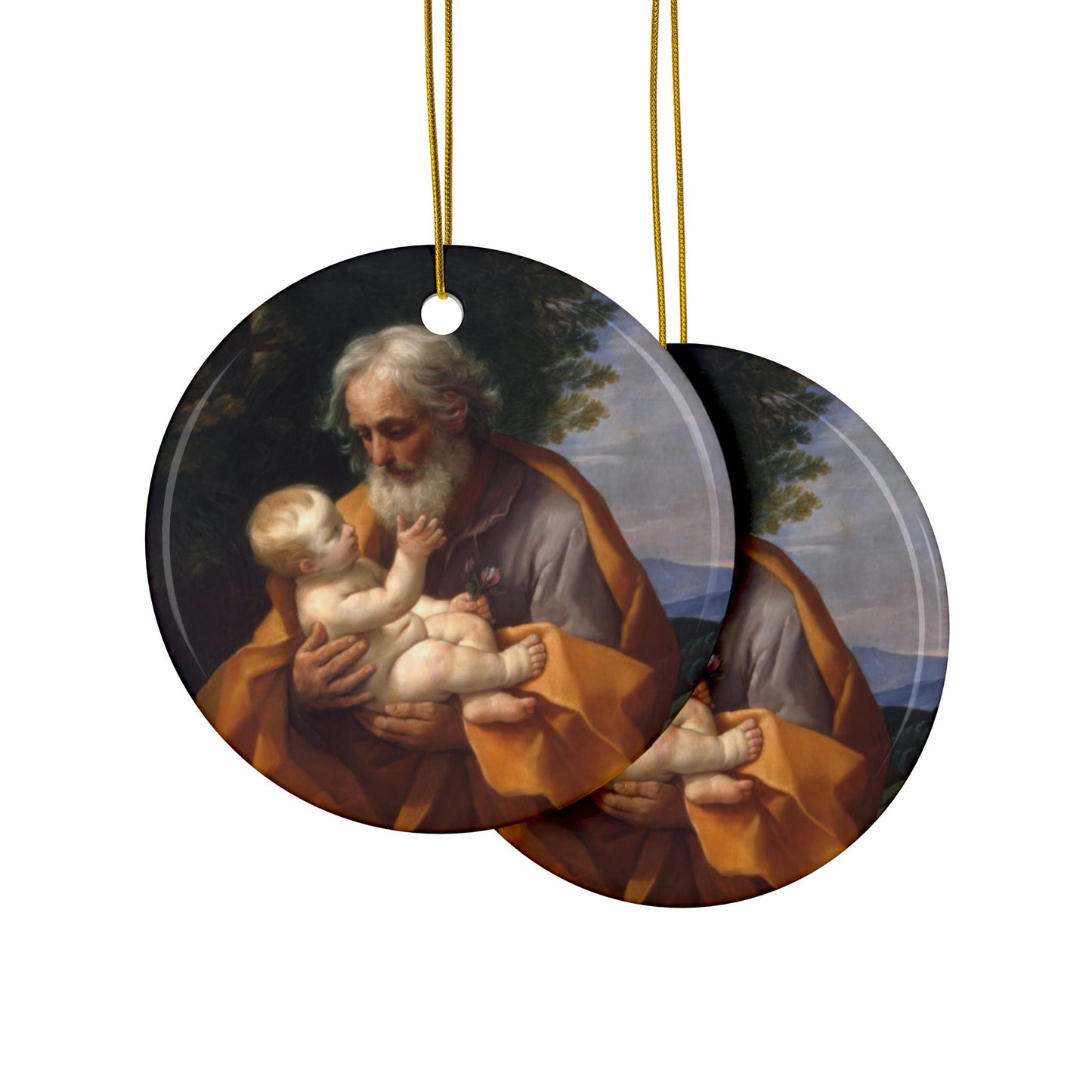 Guido Reni St. Joseph and Child, 2-Sided Ceramic Ornament, 3 Inch Diameter