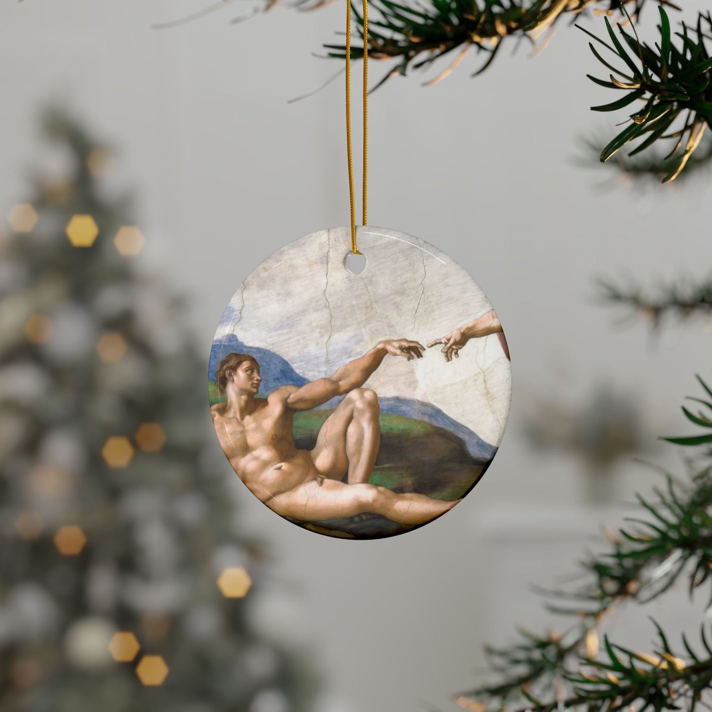 Michelangelo Creation of Adam v2, 2-Sided Ceramic Ornament, 3 Inch Diameter