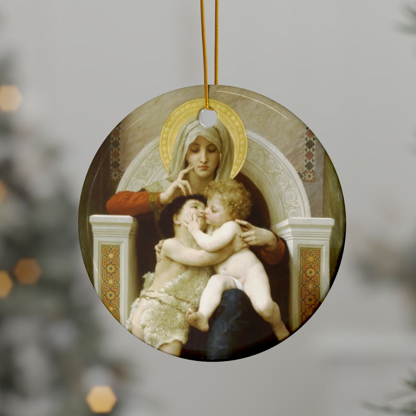 William Adolphe Bouguereau , Virgin Mary with Christ and John the Baptist 2-Sided Ceramic Ornament, 3 Inch Diameter