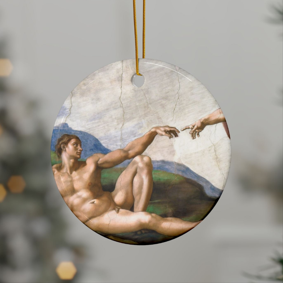 Michelangelo Creation of Adam v2, 2-Sided Ceramic Ornament, 3 Inch Diameter